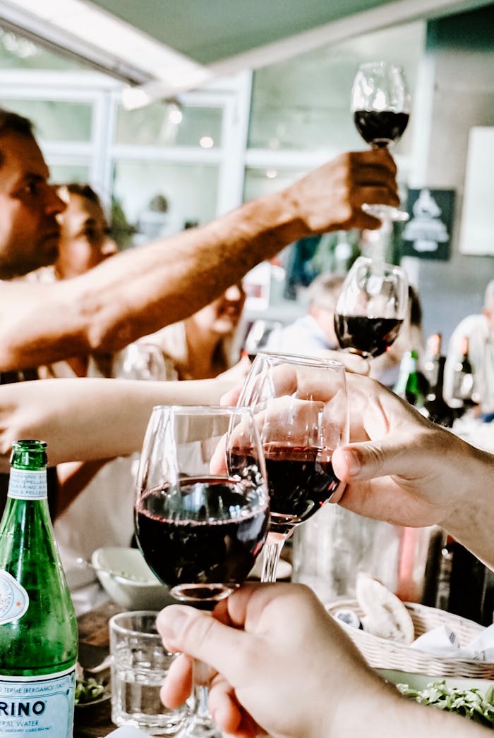 Celebrate with friends during a casual indoor gathering, raising glasses of red wine in a toast.